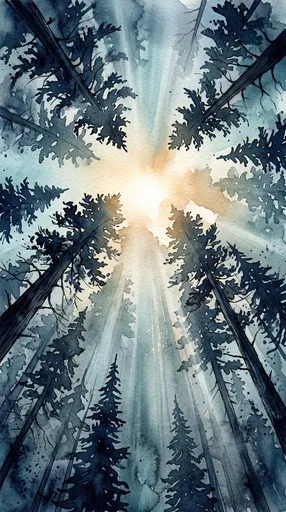 Watercolor Pine Forest Canopy Sunbeams
