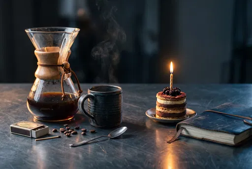 Coffee Carafe and Birthday Pastry Still Life