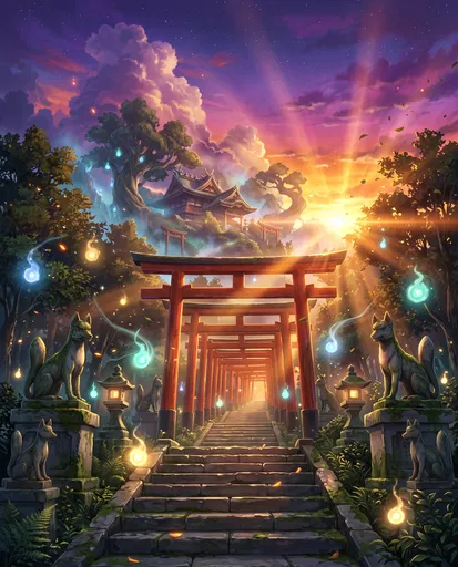 Mystical Anime Torii Gate Pathway at Sunset