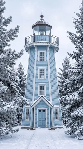 Sky Blue Wooden Lighthouse in Winter