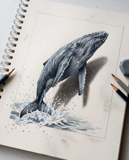 3D Pencil Drawing of Leaping Humpback Whale