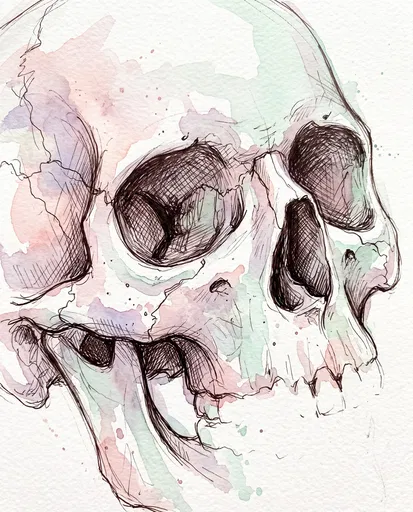 Pastel Watercolor and Ink Skull Sketch