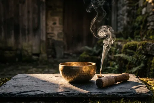 Brass Singing Bowl With Spiraling Incense Smoke