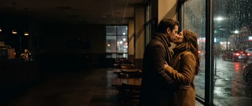 Couple Kissing by Rainy Cafe Window