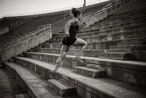Muscular Woman Running Up Stadium Stairs