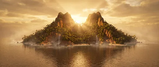 Golden Backlit Twin-Peaked Tropical Island