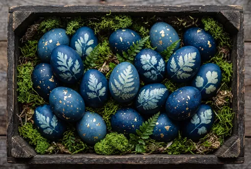Indigo Dyed Easter Eggs in Moss Crate