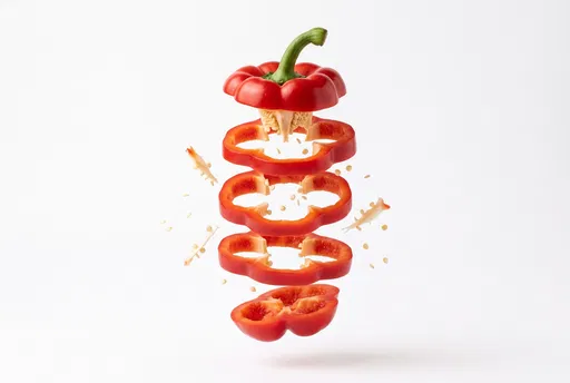 Floating Sliced Red Bell Pepper on White