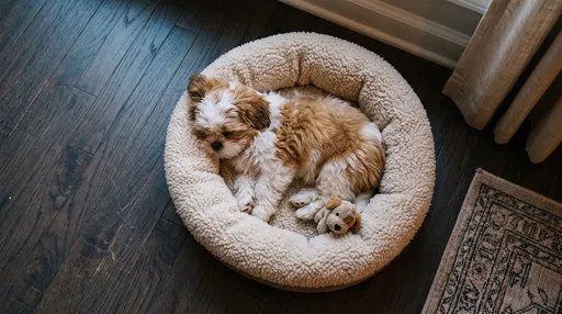 Fluffy Shih Tzu Puppy Sleeping in Bed