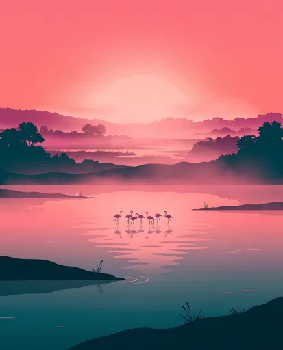 Minimalist Pink Sunrise Flamingo Lagoon Illustration