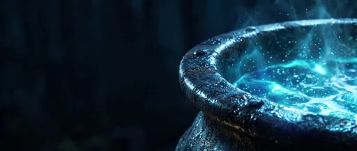 Glowing Blue Potion in Iron Cauldron