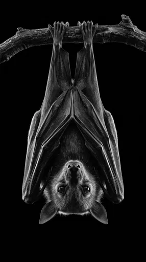 Monochrome Fruit Bat Hanging From Branch