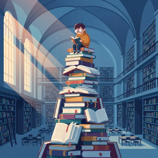 Boy Reading on Giant Book Stack