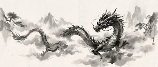 Sumi-e Ink Wash Dragon in Mist