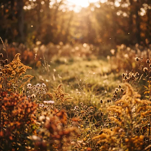 Sunlit Autumn Meadow With Golden Wildflowers