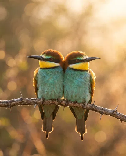 Two Bee-Eaters Perched on Thorny Branch