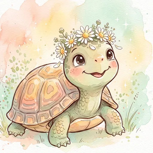 Watercolor Cartoon Turtle With Daisy Crown