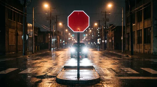 Blank Red Octagonal Sign on Rainy Street