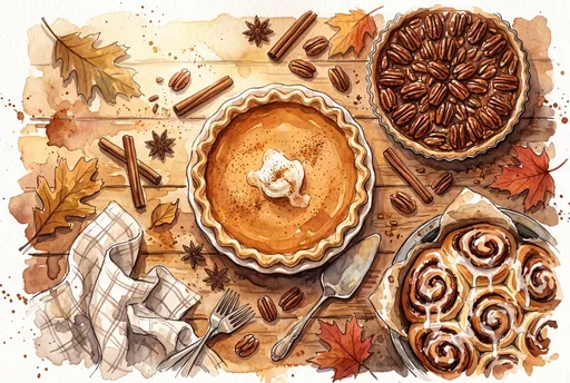 Watercolor Thanksgiving Dessert Spread Flat Lay