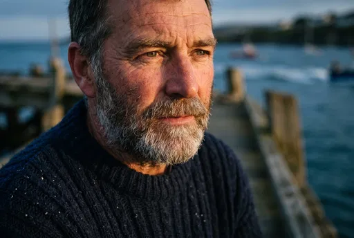 Bearded Man on Coastal Pier at Sunset