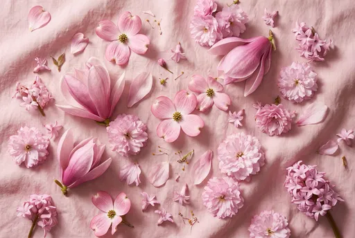 Pink Spring Flowers on Linen Flat Lay