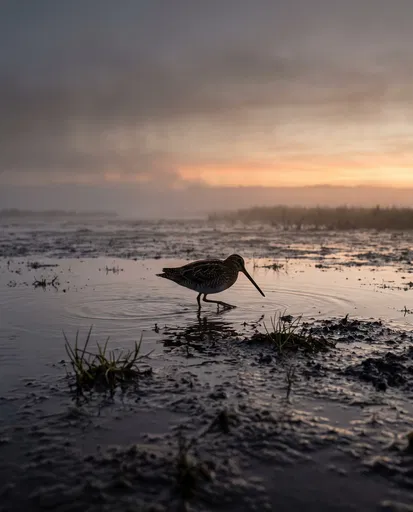 Solitary Snipe Wading on Misty Mudflat