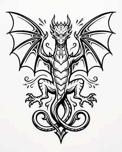 Symmetrical Black Ink Heraldic Dragon Illustration