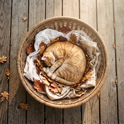 Ginger Cat Sleeping in Autumn Basket