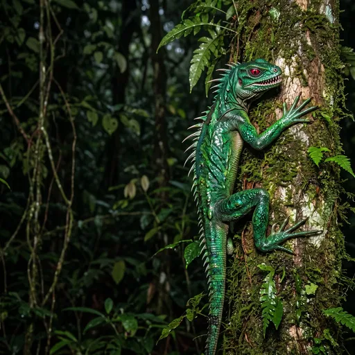 Reptilian Chupacabra Clinging to Mossy Tree