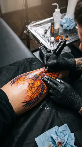 Artist Tattooing Colorful Phoenix on Leg