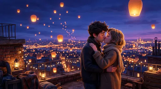 Animated Couple Kissing on Twilight Rooftop