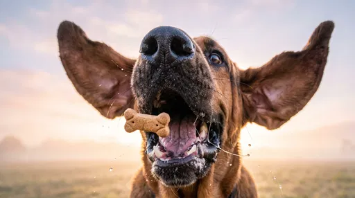 Brown Hound Catching Dog Biscuit Mid-Air