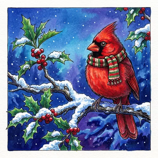 Red Cardinal in Scarf on Snowy Branch