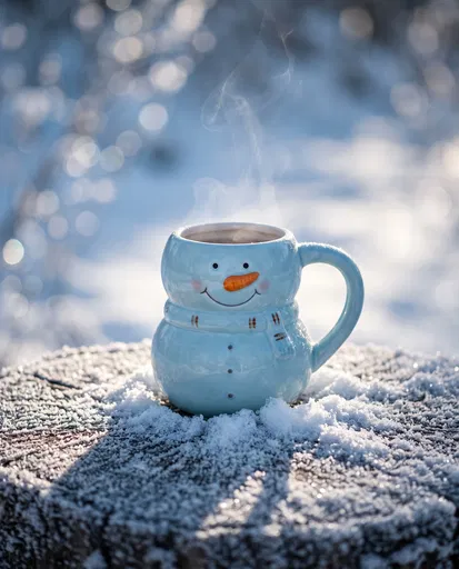 Steaming Blue Snowman Mug in Snow