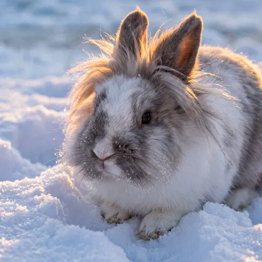 Fluffy Lionhead Rabbit in Winter Snow