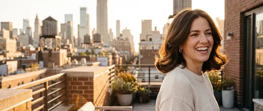 Smiling Woman on City Rooftop