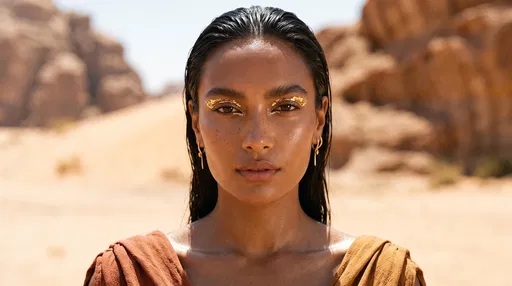 Woman With Gold Eye Makeup in Desert