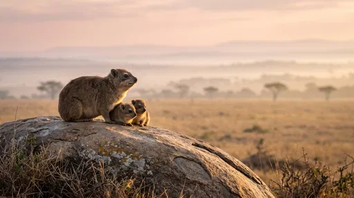Rock Hyrax Family on Savanna Boulder