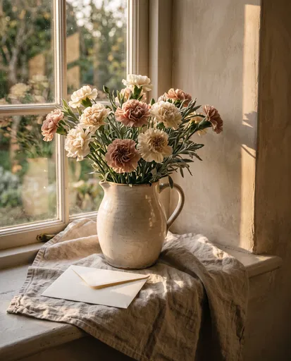 Carnations in Ceramic Pitcher on Sunlit Windowsill