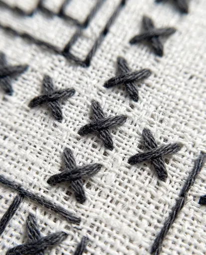 Macro Close-Up of Charcoal Cross-Stitch Embroidery
