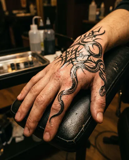 Fresh Blackwork Snake Hand Tattoo