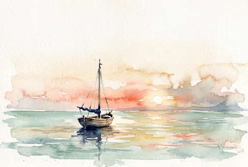 Watercolor Sailboat on Calm Sunset Bay