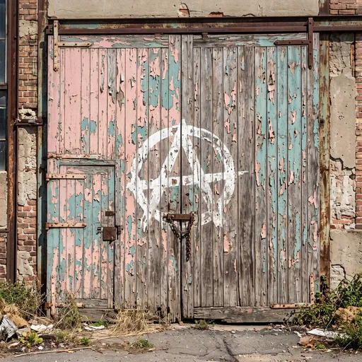 Weathered Warehouse Door with Anarchy Symbol