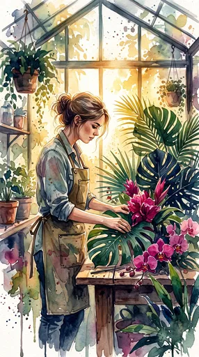 Watercolor Florist Arranging Tropical Plants in Greenhouse
