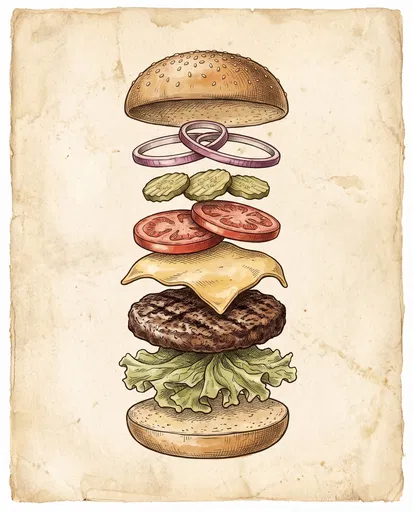 Vintage Deconstructed Cheeseburger Illustration on Parchment