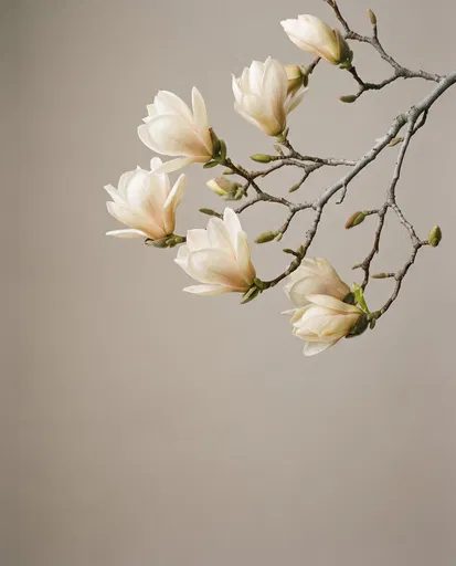 Creamy Magnolia Branch on Greige Background