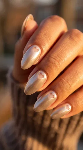 Champagne Chrome Nails With Heart Cutouts