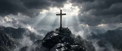 Wooden Cross on Stormy Mountain Peak