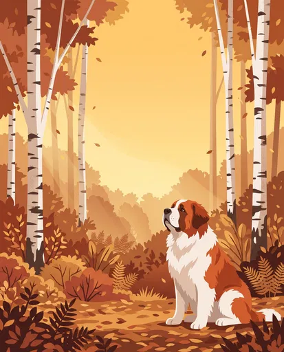 Dog Sitting in Autumn Birch Forest