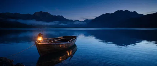 Rowboat with Lantern on Night Lake